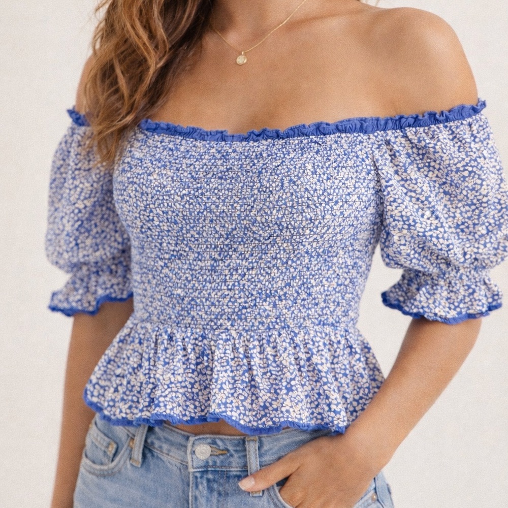 Free People Brittnee Floral Cropped Peplum Smocked Puff Sleeve Top Small